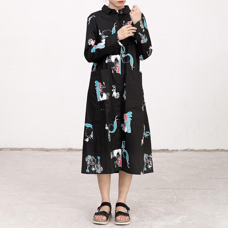Polo Collar Long Sleeve Printed Black Pleated Dress