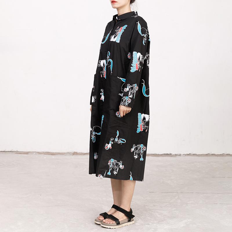 Polo Collar Long Sleeve Printed Black Pleated Dress