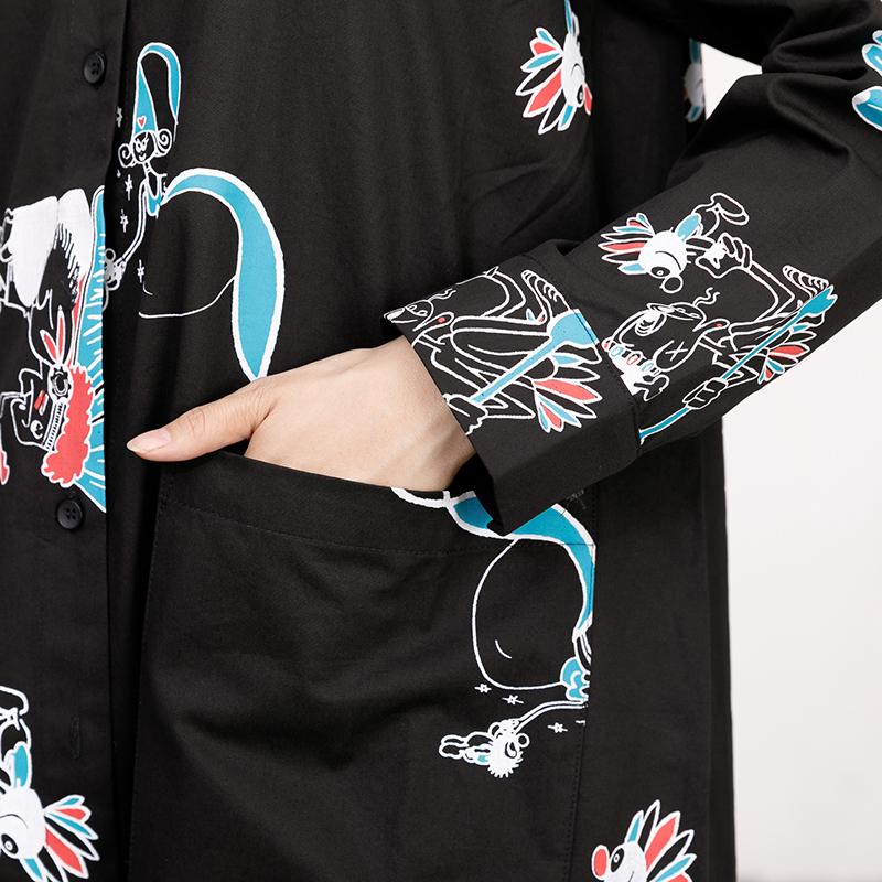 Polo Collar Long Sleeve Printed Black Pleated Dress