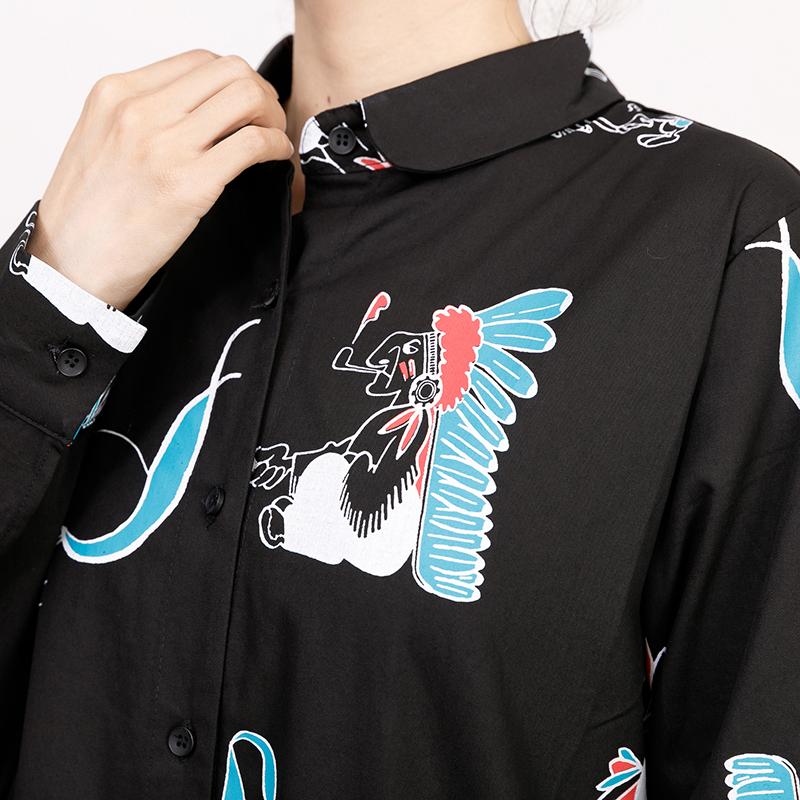 Polo Collar Long Sleeve Printed Black Pleated Dress