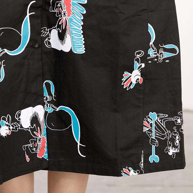 Polo Collar Long Sleeve Printed Black Pleated Dress