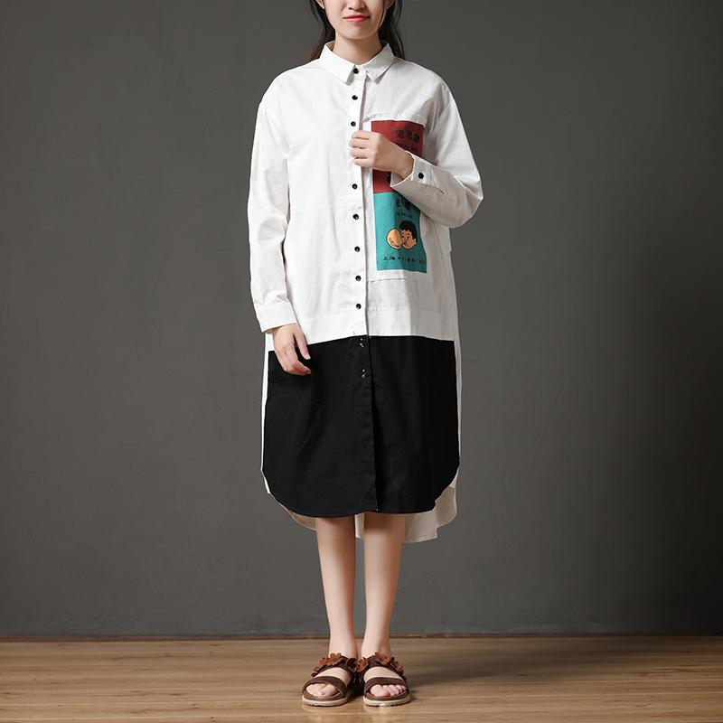 Polo Collar White Cotton Printed Funny Women Dress