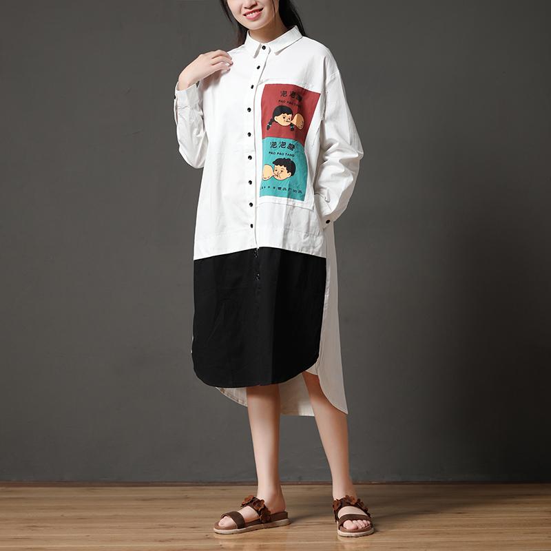 Polo Collar White Cotton Printed Funny Women Dress