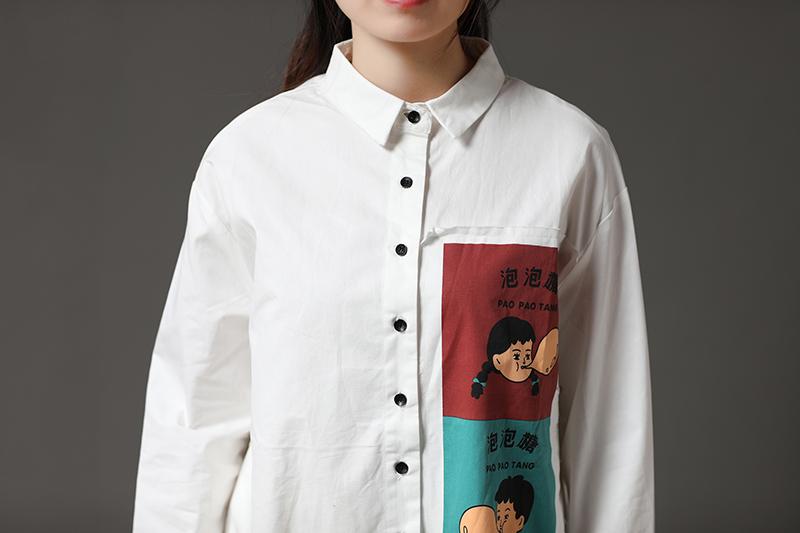 Polo Collar White Cotton Printed Funny Women Dress