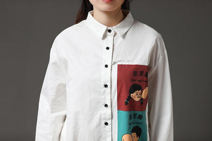 Polo Collar White Cotton Printed Funny Women Dress