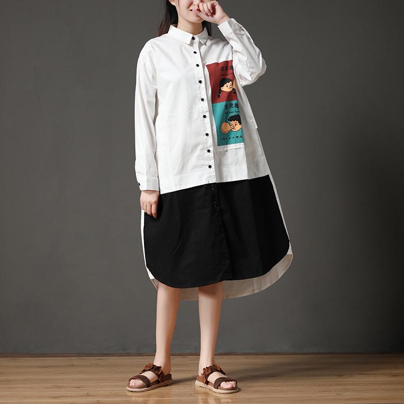 Polo Collar White Cotton Printed Funny Women Dress