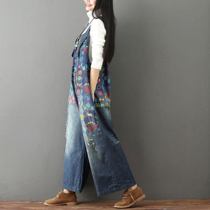 Print Broken Hole Denim Jumpsuits Casual