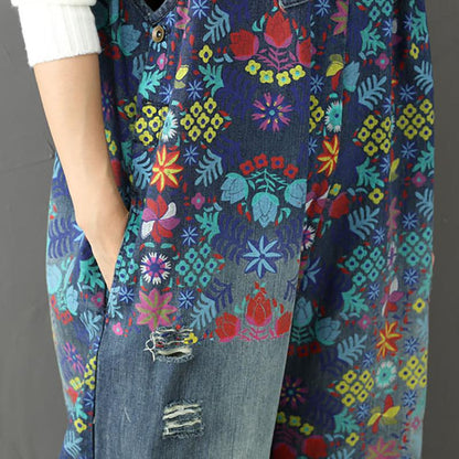 Print Broken Hole Denim Jumpsuits Casual