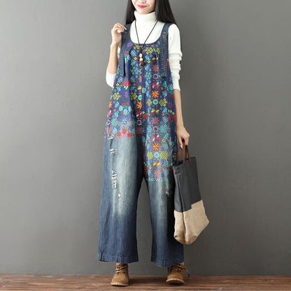 Print Broken Hole Denim Jumpsuits Casual