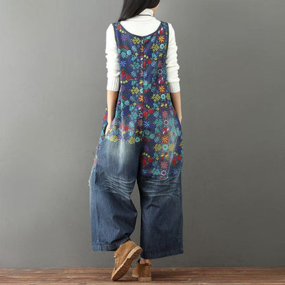 Print Broken Hole Denim Jumpsuits Casual