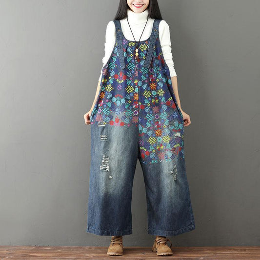 Print Broken Hole Denim Jumpsuits Casual