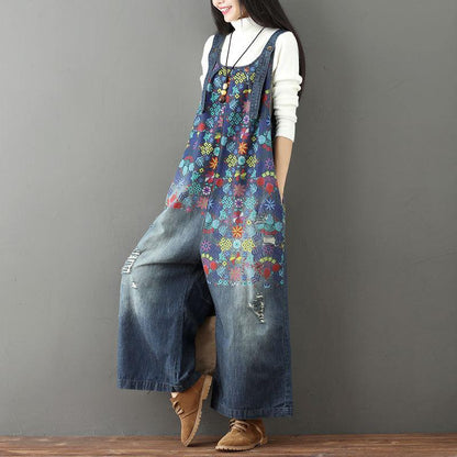 Print Broken Hole Denim Jumpsuits Casual