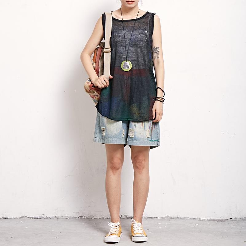 Print Casual Cotton Linen Sleeveless Top