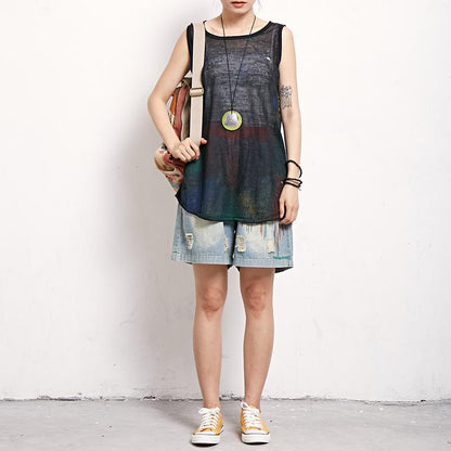 Print Casual Cotton Linen Sleeveless Top