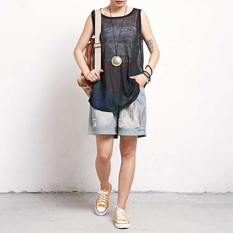 Print Casual Cotton Linen Sleeveless Top