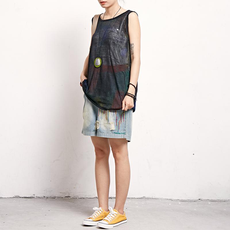 Print Casual Cotton Linen Sleeveless Top