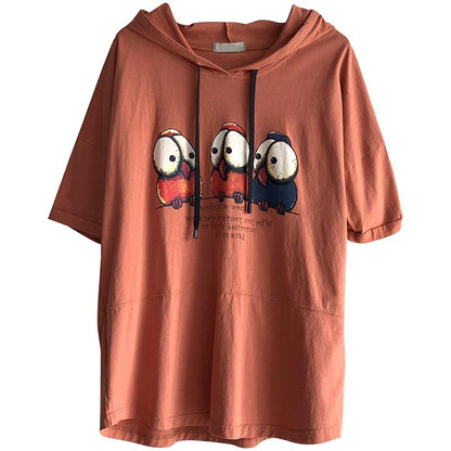 Print Cotton Casual Hooded Short Sleeve Blouse