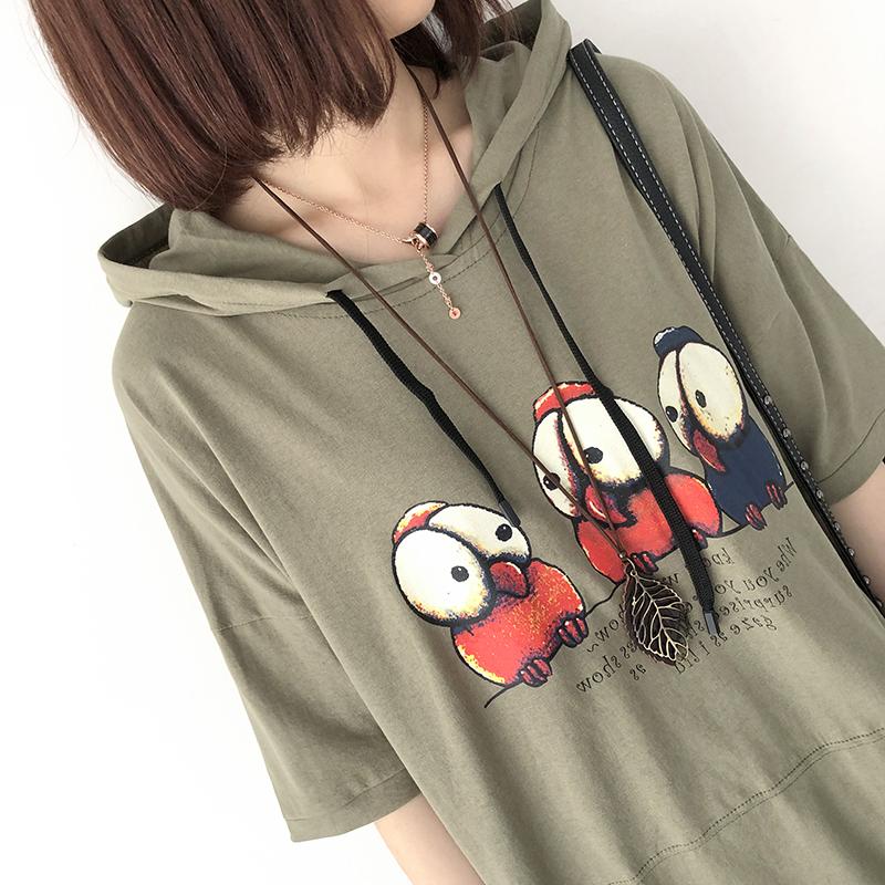 Print Cotton Casual Hooded Short Sleeve Blouse