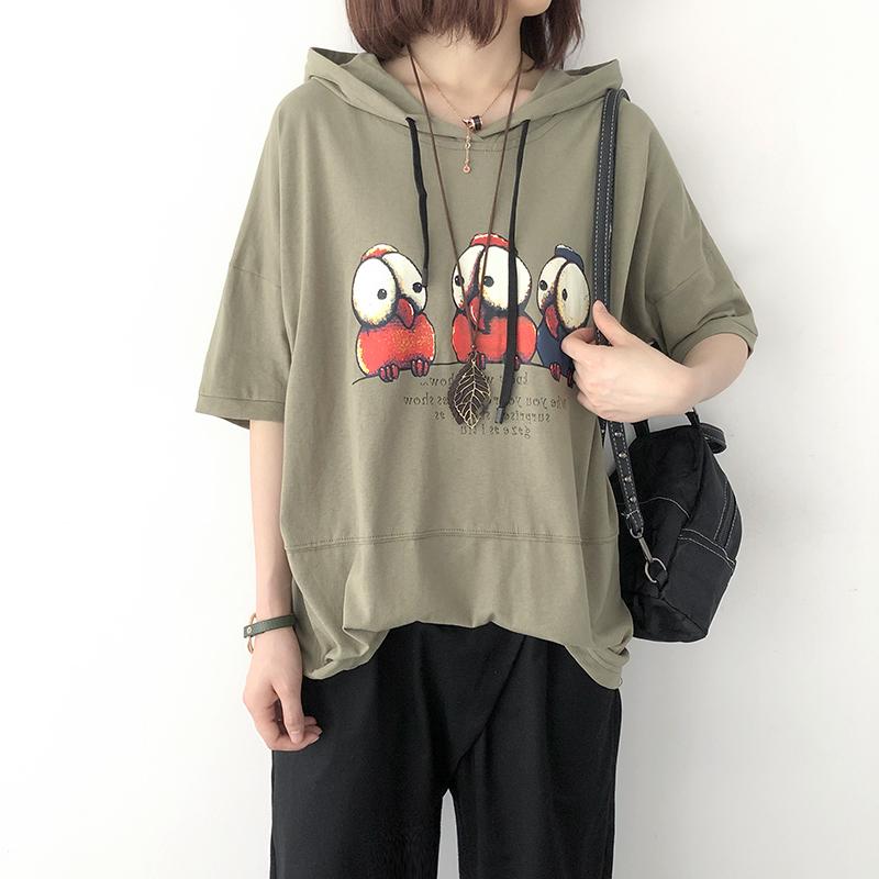 Print Cotton Casual Hooded Short Sleeve Blouse