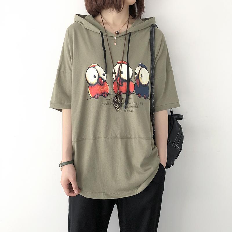Print Cotton Casual Hooded Short Sleeve Blouse