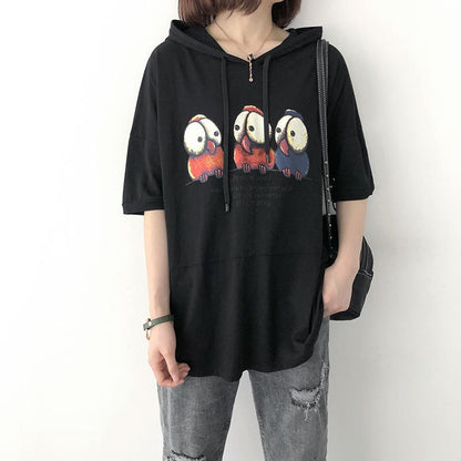 Print Cotton Casual Hooded Short Sleeve Blouse