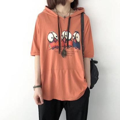 Print Cotton Casual Hooded Short Sleeve Blouse