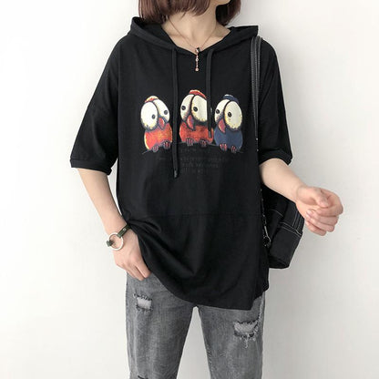 Print Cotton Casual Hooded Short Sleeve Blouse