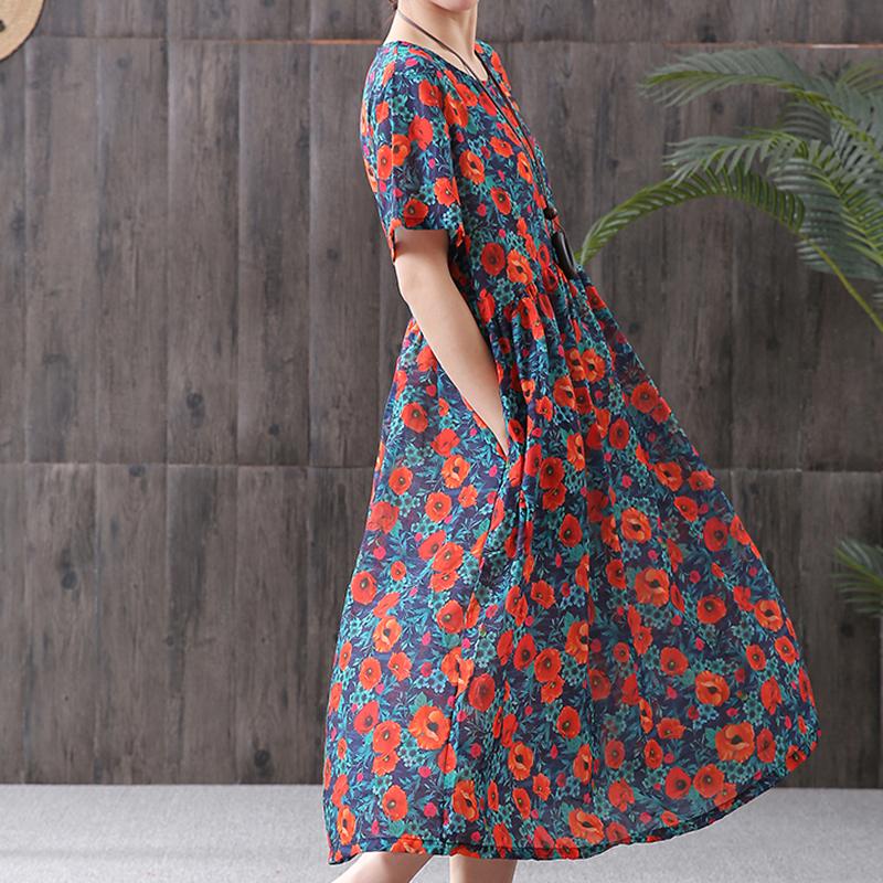 Print Cotton Linen Loose A-Line Dress