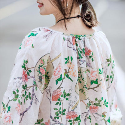 Print Cotton Linen V-Neck Lantern Sleeve Blouse