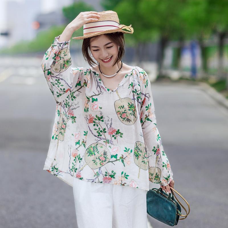 Print Cotton Linen V-Neck Lantern Sleeve Blouse