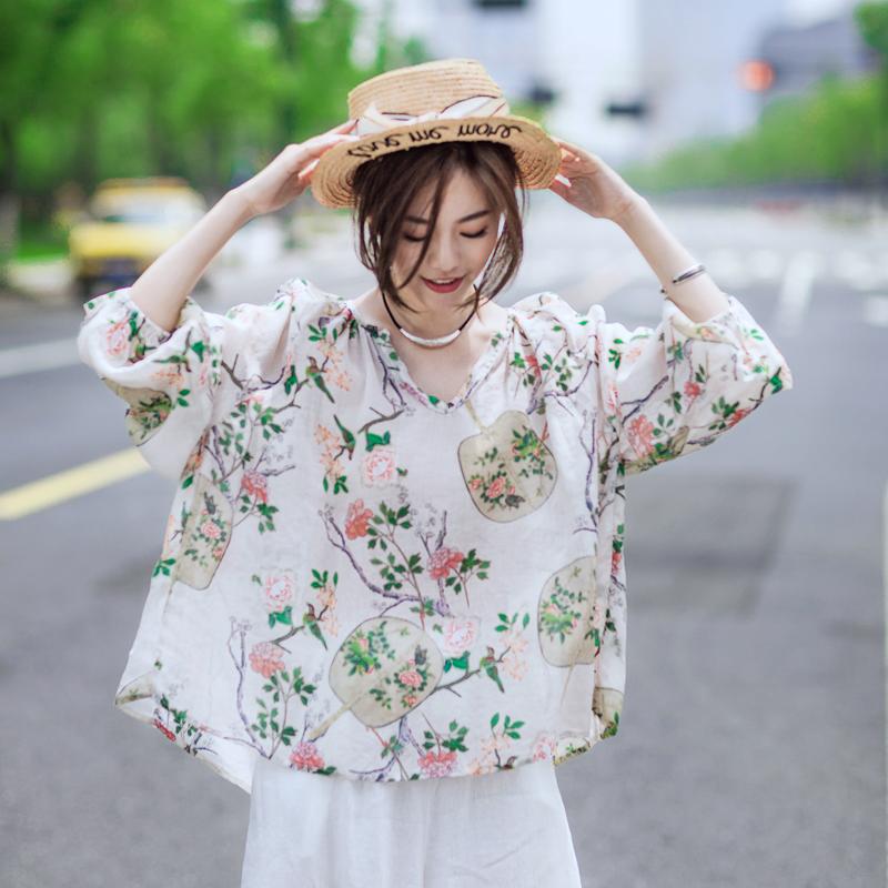 Print Cotton Linen V-Neck Lantern Sleeve Blouse