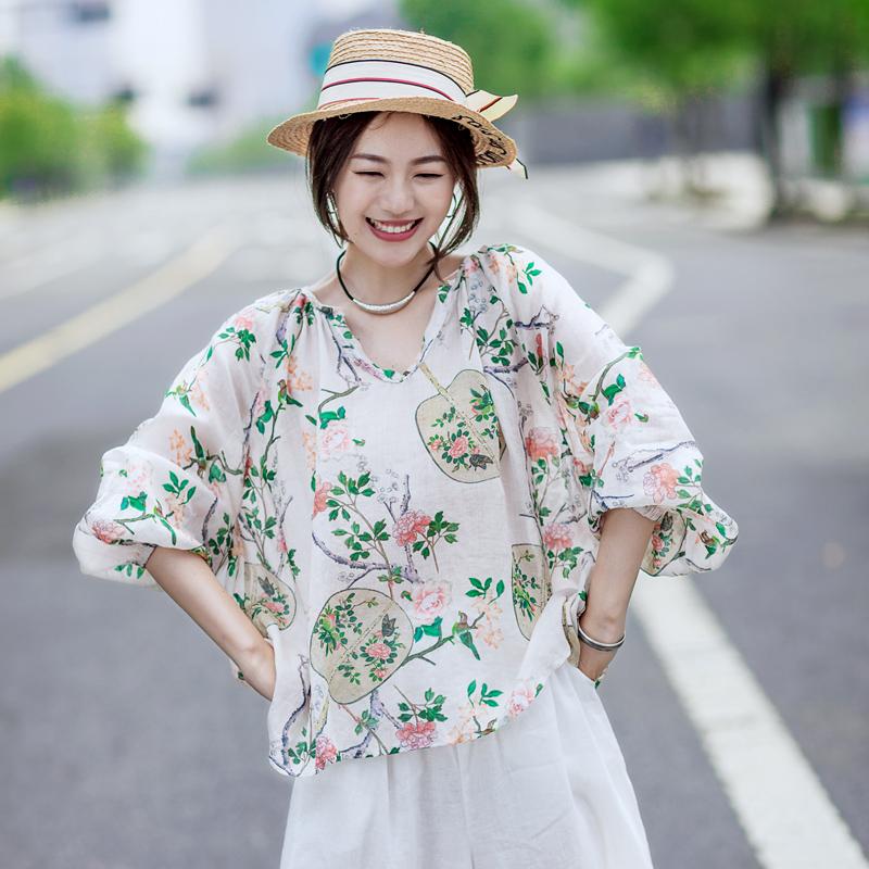 Print Cotton Linen V-Neck Lantern Sleeve Blouse