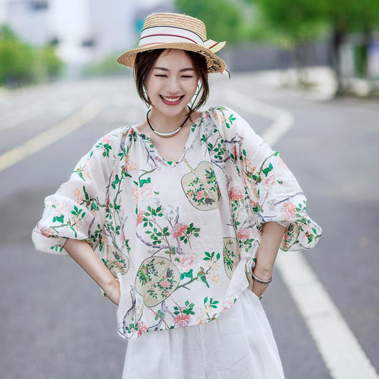 Print Cotton Linen V-Neck Lantern Sleeve Blouse