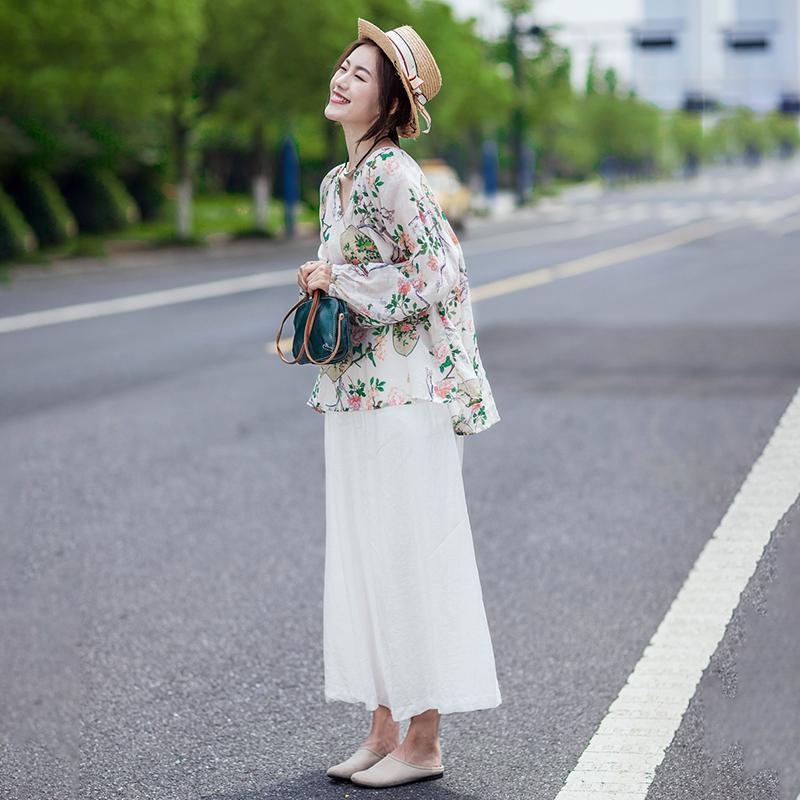 Print Cotton Linen V-Neck Lantern Sleeve Blouse