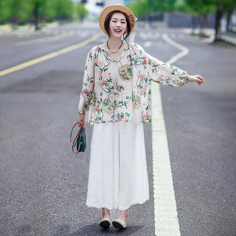 Print Cotton Linen V-Neck Lantern Sleeve Blouse