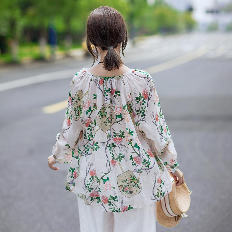 Print Cotton Linen V-Neck Lantern Sleeve Blouse