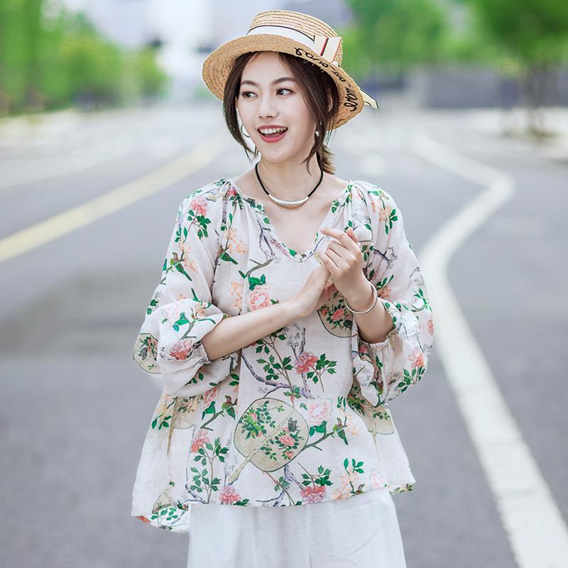 Print Cotton Linen V-Neck Lantern Sleeve Blouse