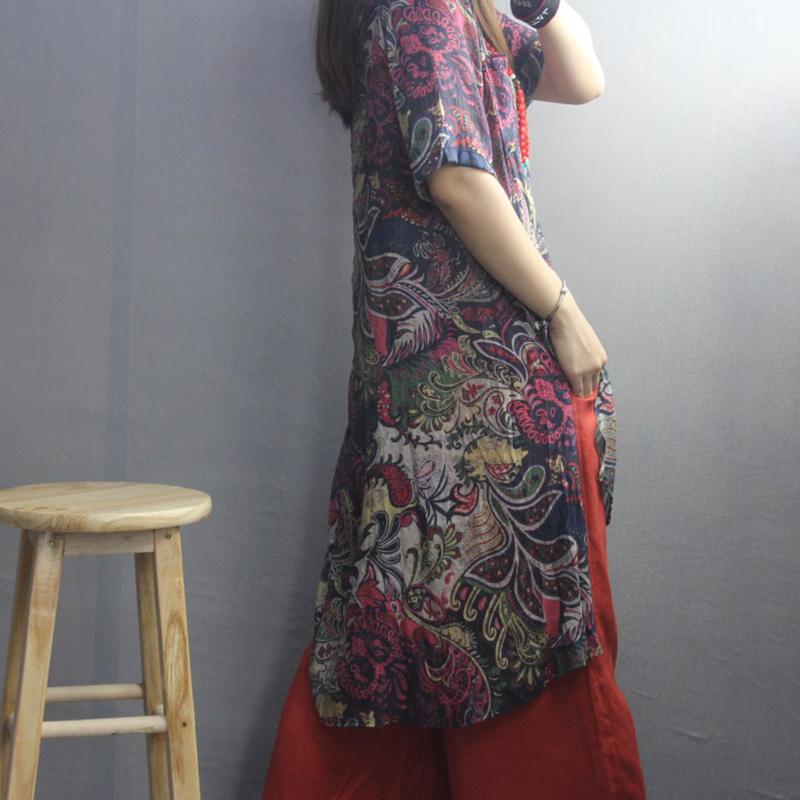 Print High Low Hem Retro Soft Blouse