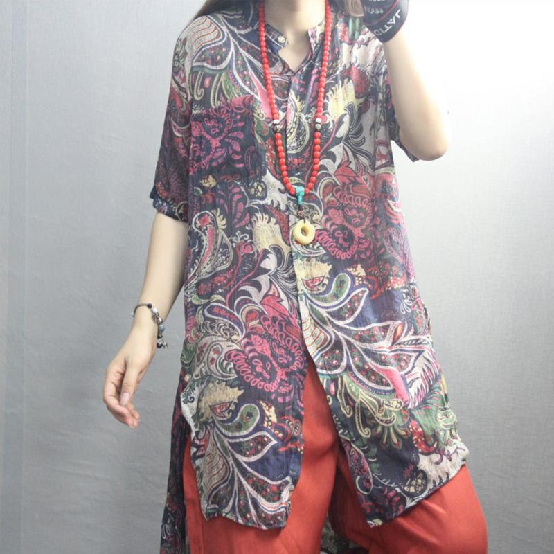 Print High Low Hem Retro Soft Blouse