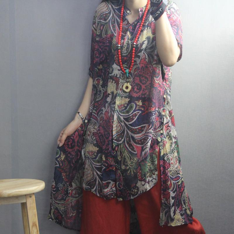 Print High Low Hem Retro Soft Blouse