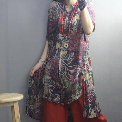 Print High Low Hem Retro Soft Blouse