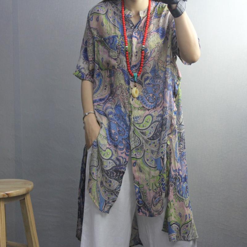 Print High Low Hem Retro Soft Blouse