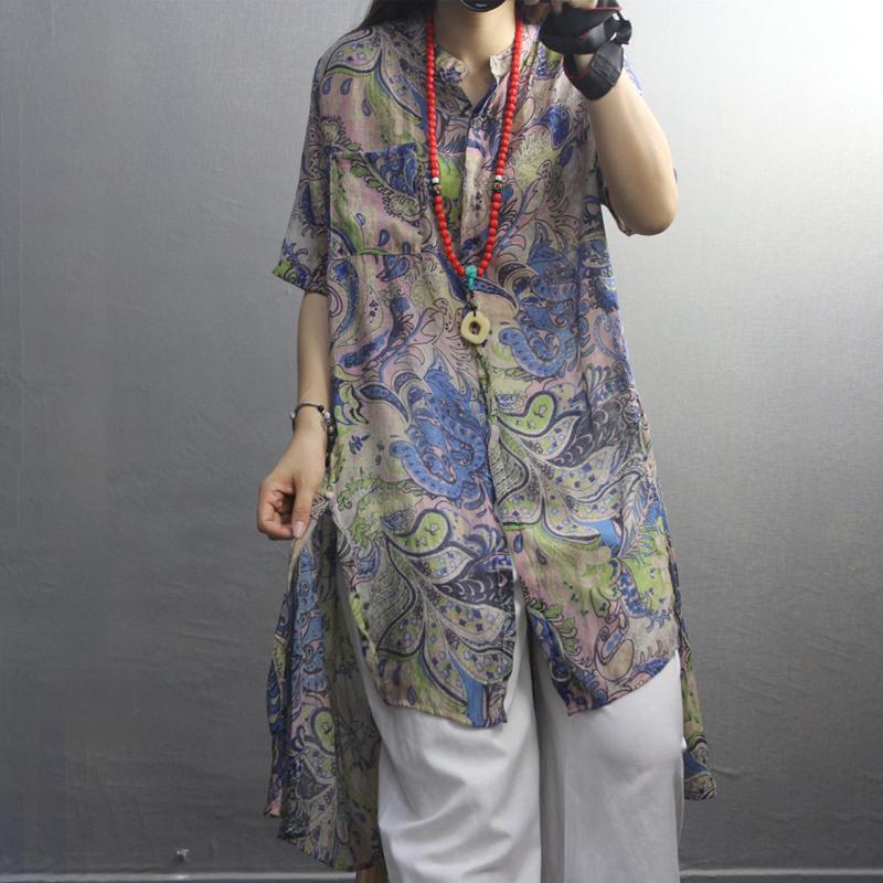 Print High Low Hem Retro Soft Blouse