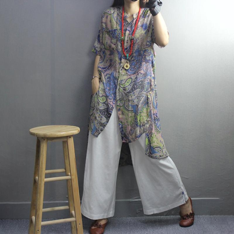 Print High Low Hem Retro Soft Blouse