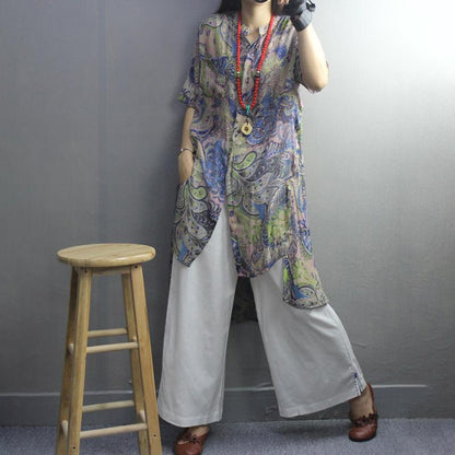 Print High Low Hem Retro Soft Blouse