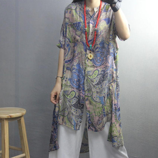 Print High Low Hem Retro Soft Blouse