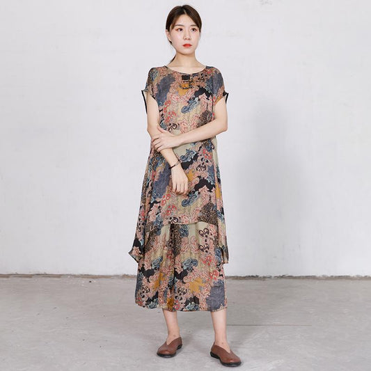 Print Irregular Short Sleeve Blouse And Wide Leg Pants