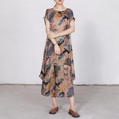 Print Irregular Short Sleeve Blouse And Wide Leg Pants