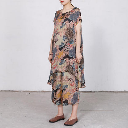 Print Irregular Short Sleeve Blouse And Wide Leg Pants