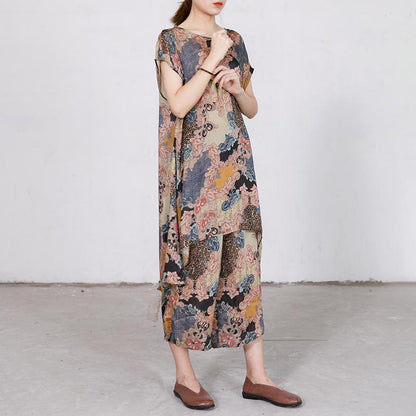 Print Irregular Short Sleeve Blouse And Wide Leg Pants